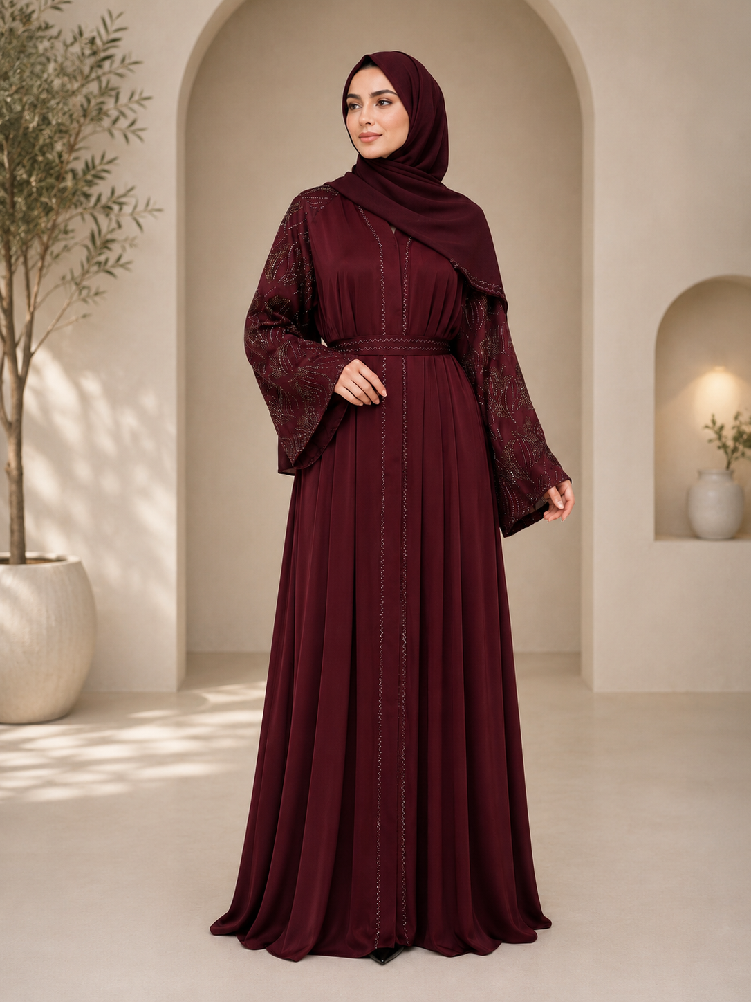 Luxus-Bordeaux Abaya mit goldenen Perlendetails