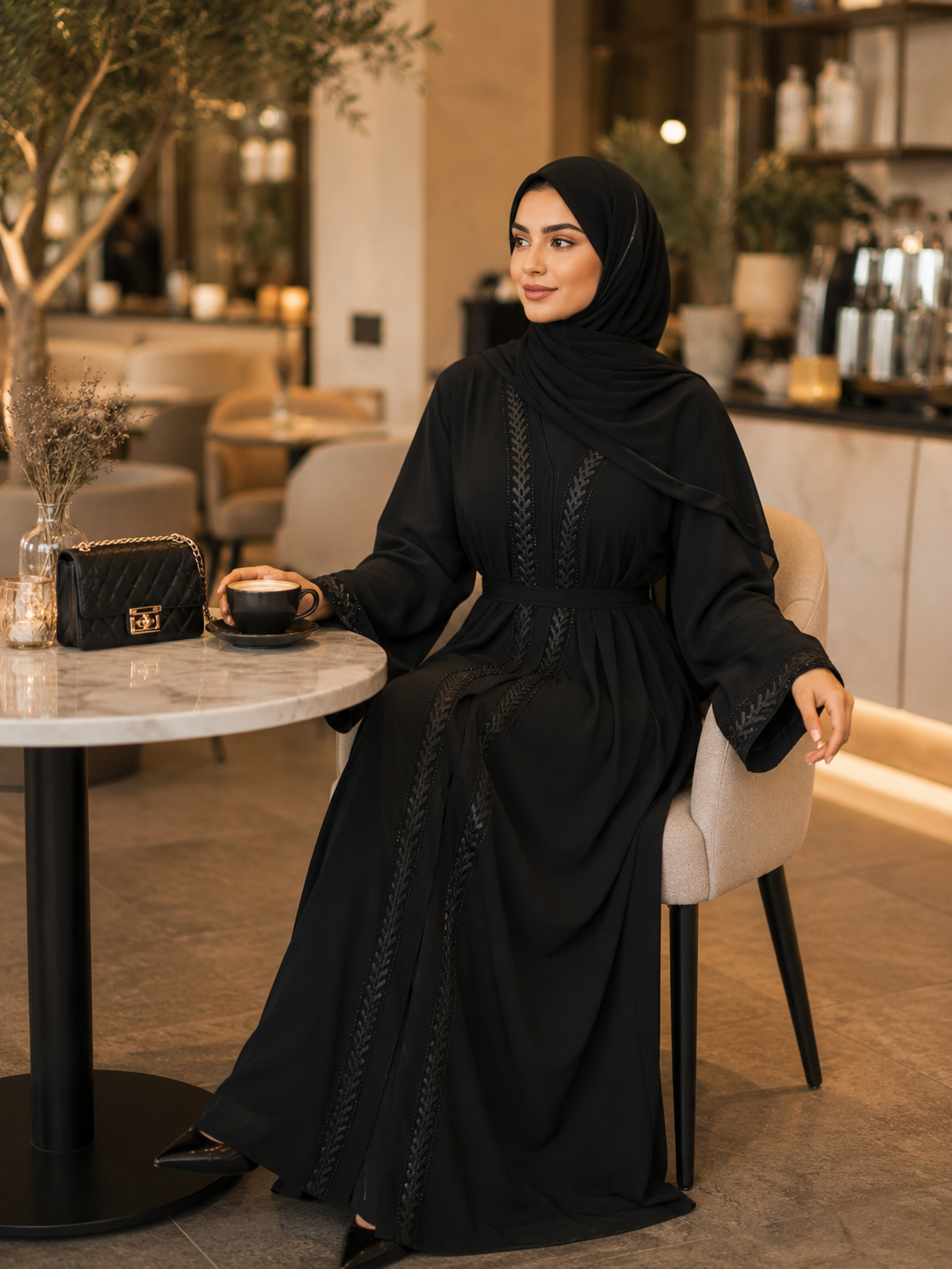 Schwarze Abaya mit feiner Ziernaht und Taillengürtel