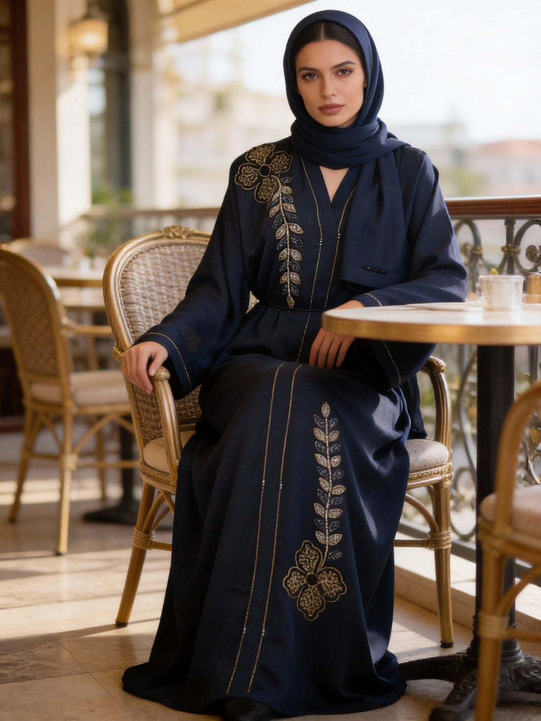 Dunkelblaue Abaya mit goldener Blumenstickerei - Abaya Couture