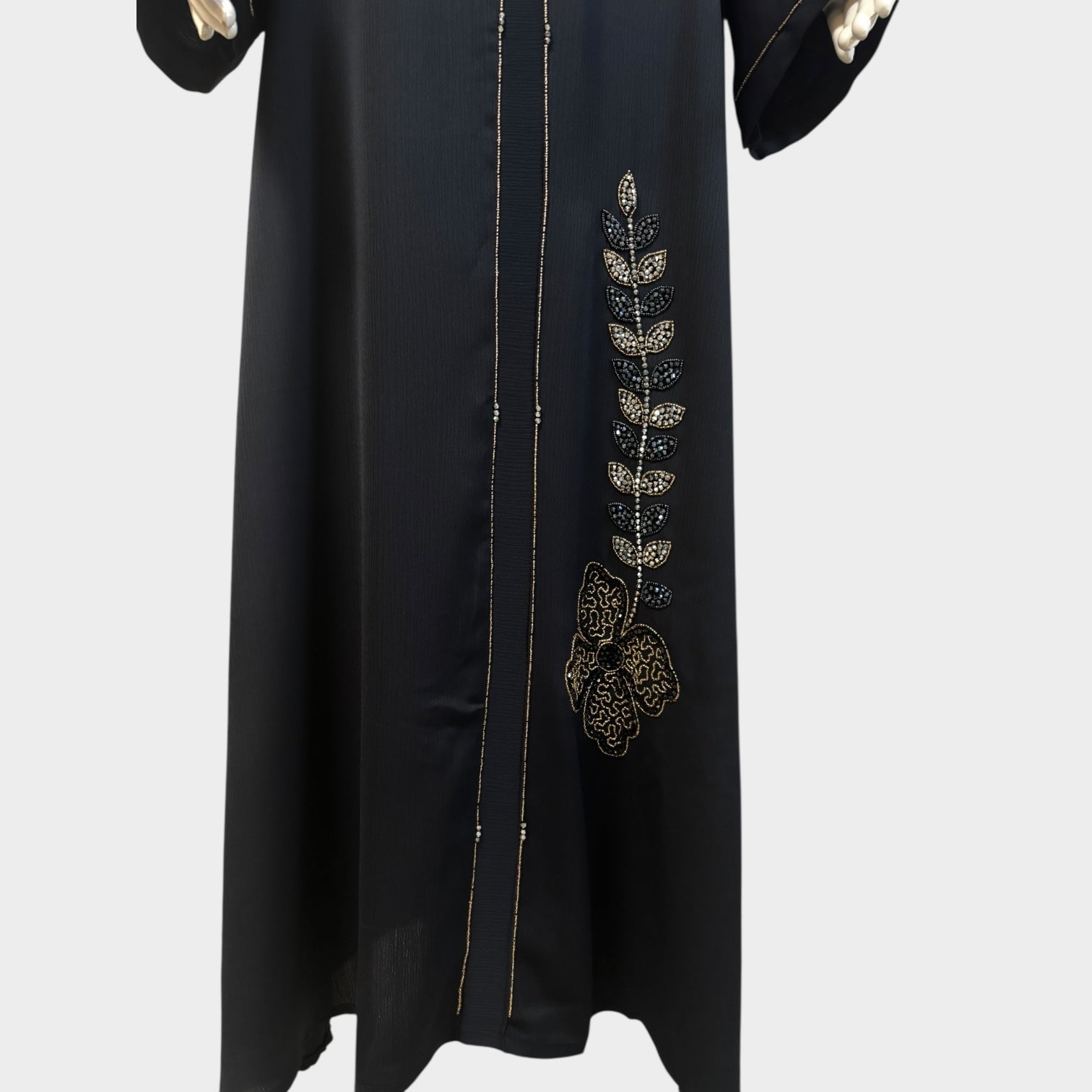 Dunkelblaue Abaya mit goldener Blumenstickerei - Abaya Couture