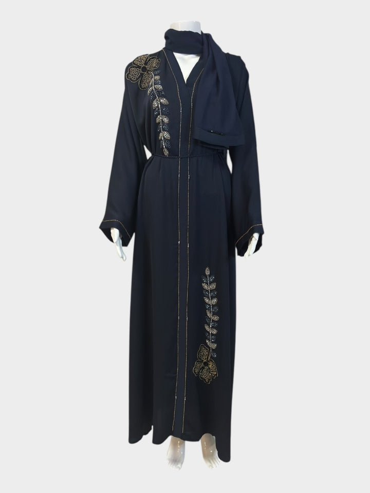 Dunkelblaue Abaya mit goldener Blumenstickerei - Abaya Couture