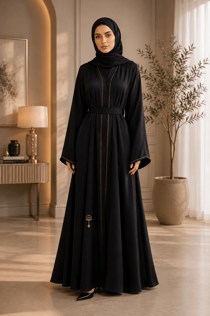 Elegante Abaya in Anthrazit mit goldenen Akzenten - Abaya Couture