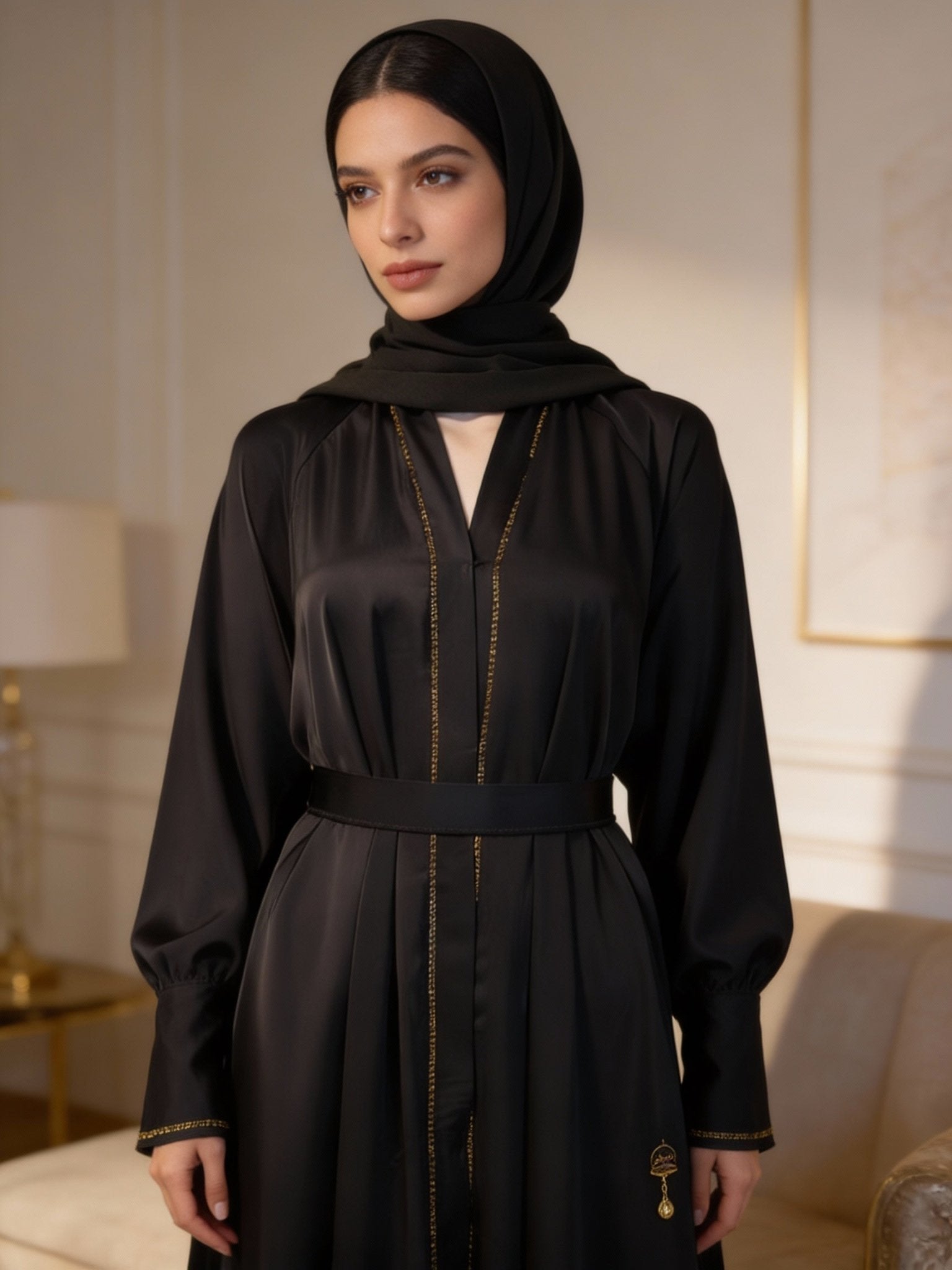 Elegante Abaya in Anthrazit mit goldenen Akzenten - Abaya Couture