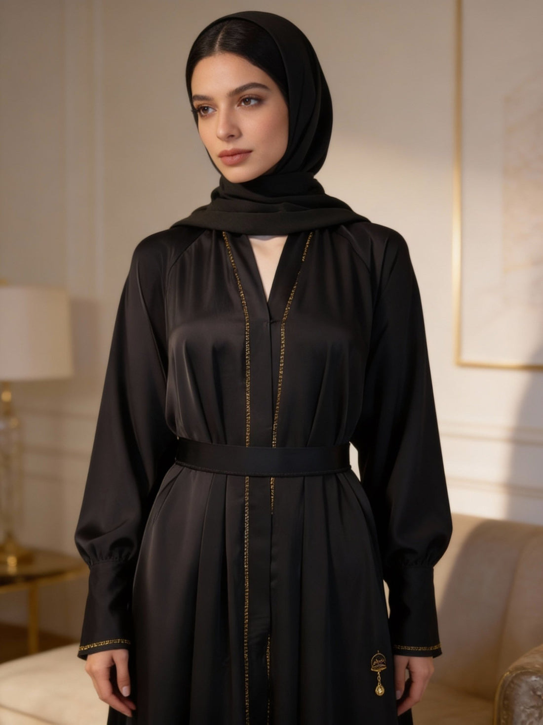 Elegante Abaya in Anthrazit mit goldenen Akzenten - Abaya Couture