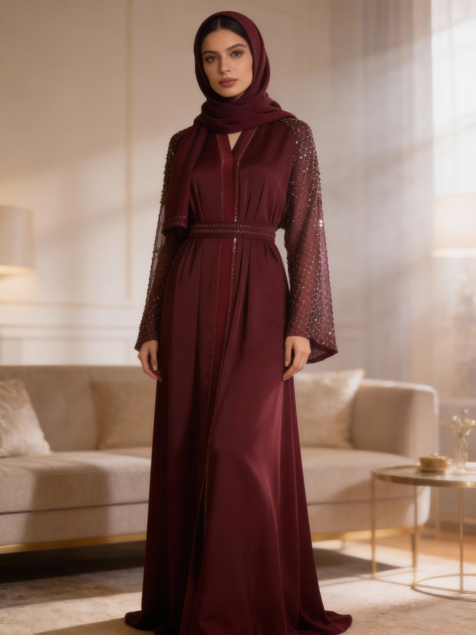 Elegante Abaya in Bordeauxrot mit zarten Ärmeln - Abaya Couture