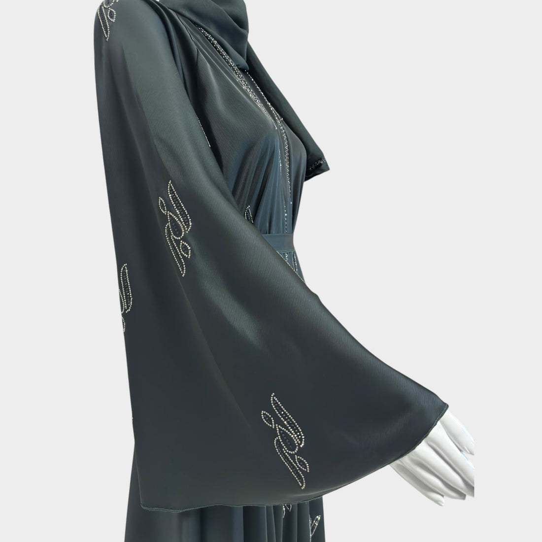 Elegante Abaya in Dunkelgrün mit raffinierter Stickerei und Gürtel - Abaya Couture