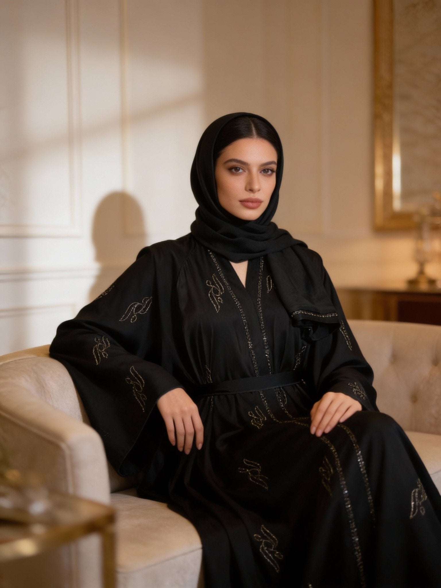 Elegante Abaya in Dunkelgrün mit raffinierter Stickerei und Gürtel - Abaya Couture