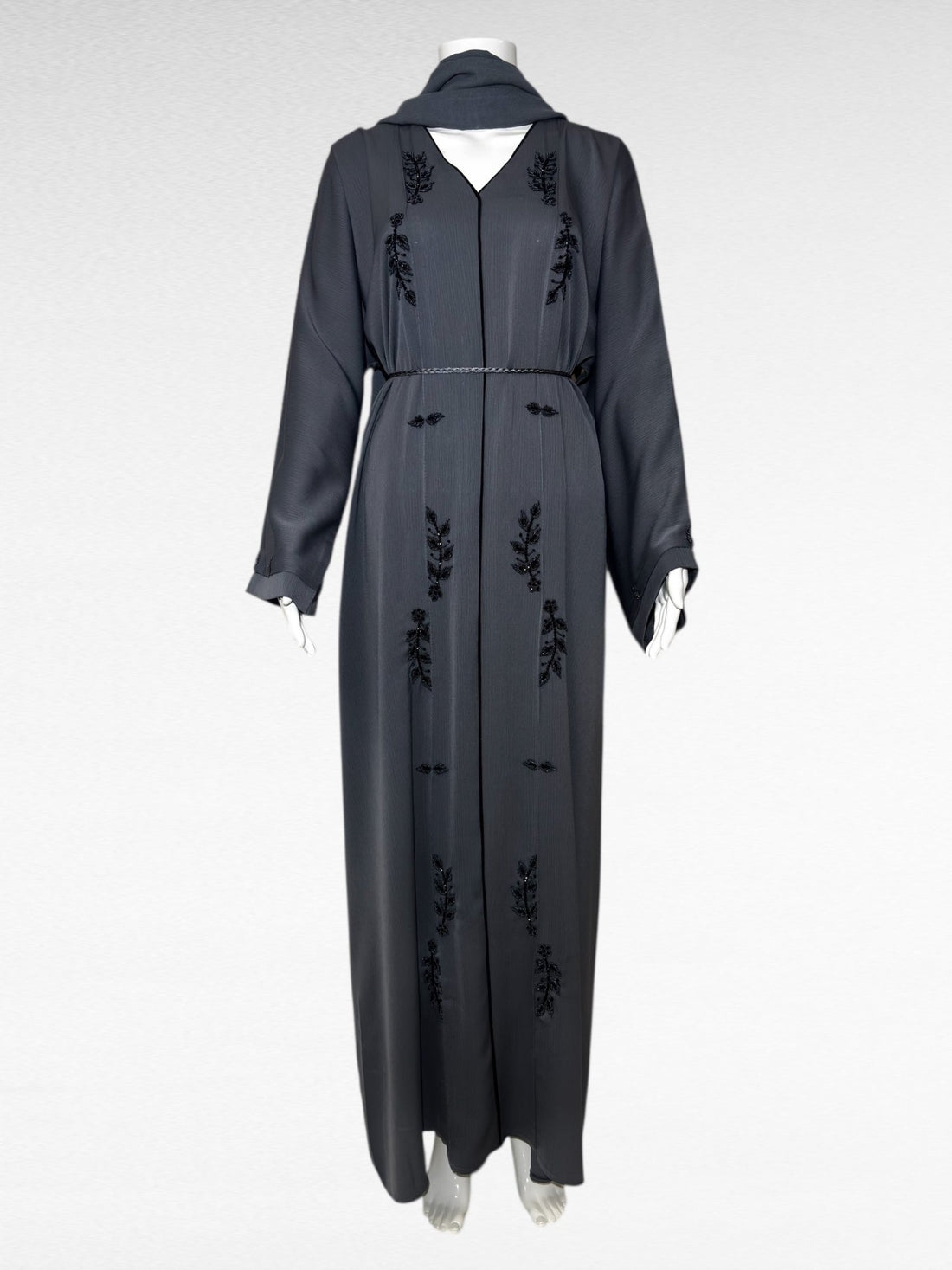 Elegante Abaya in Grau mit floraler Stickerei - Abaya Couture