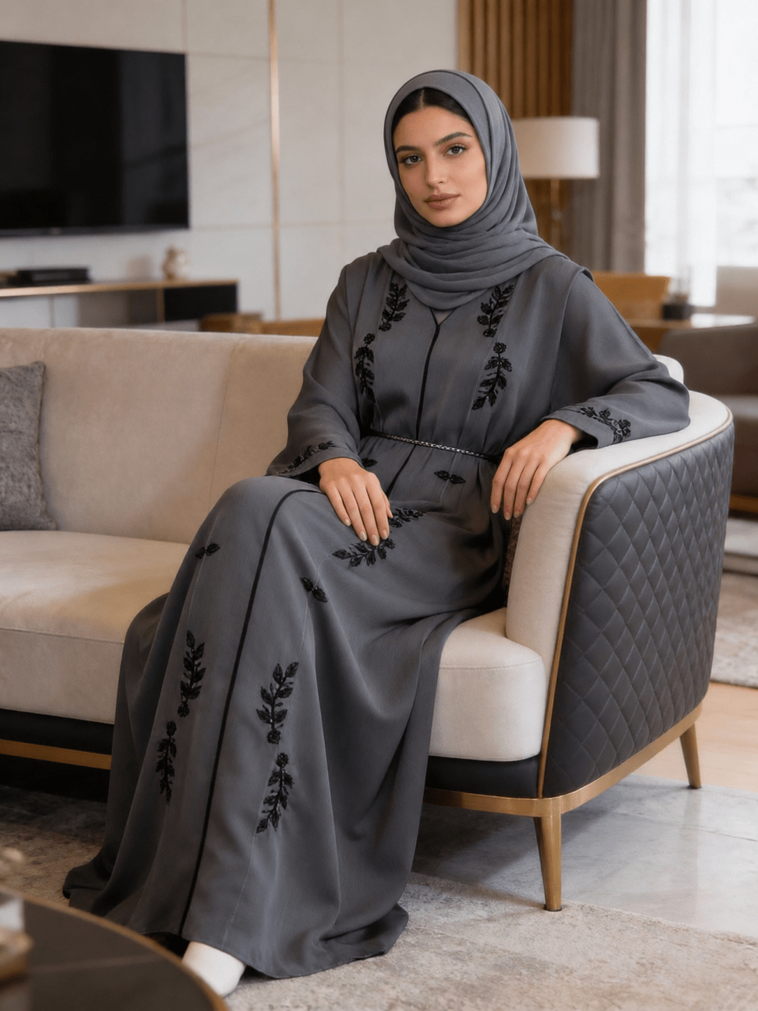 Elegante Abaya in Grau mit floraler Stickerei - Abaya Couture