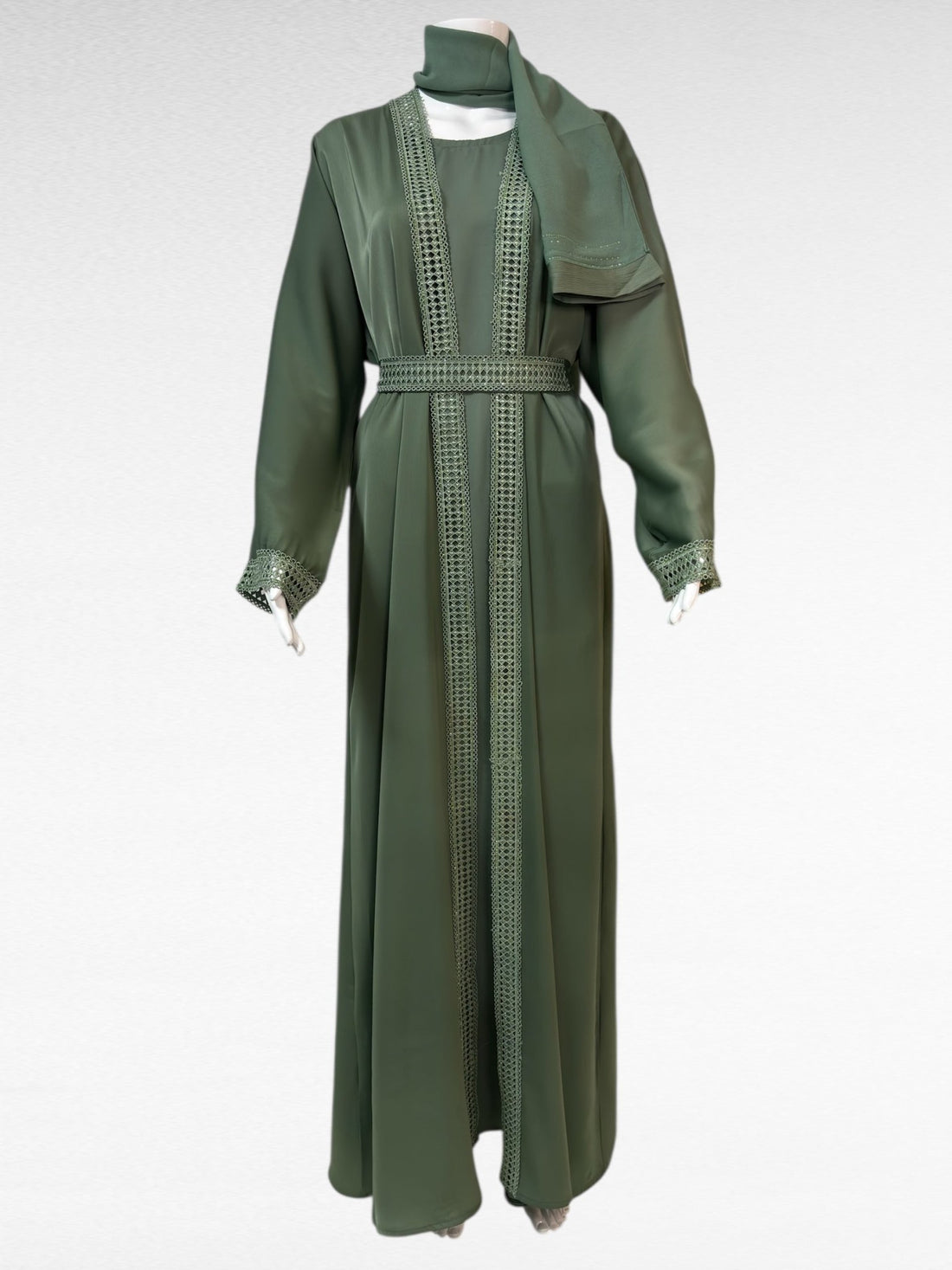 Elegante Abaya in Olivgrün mit filigraner Spitze - Abaya Couture