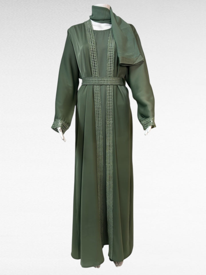 Elegante Abaya in Olivgrün mit filigraner Spitze - Abaya Couture