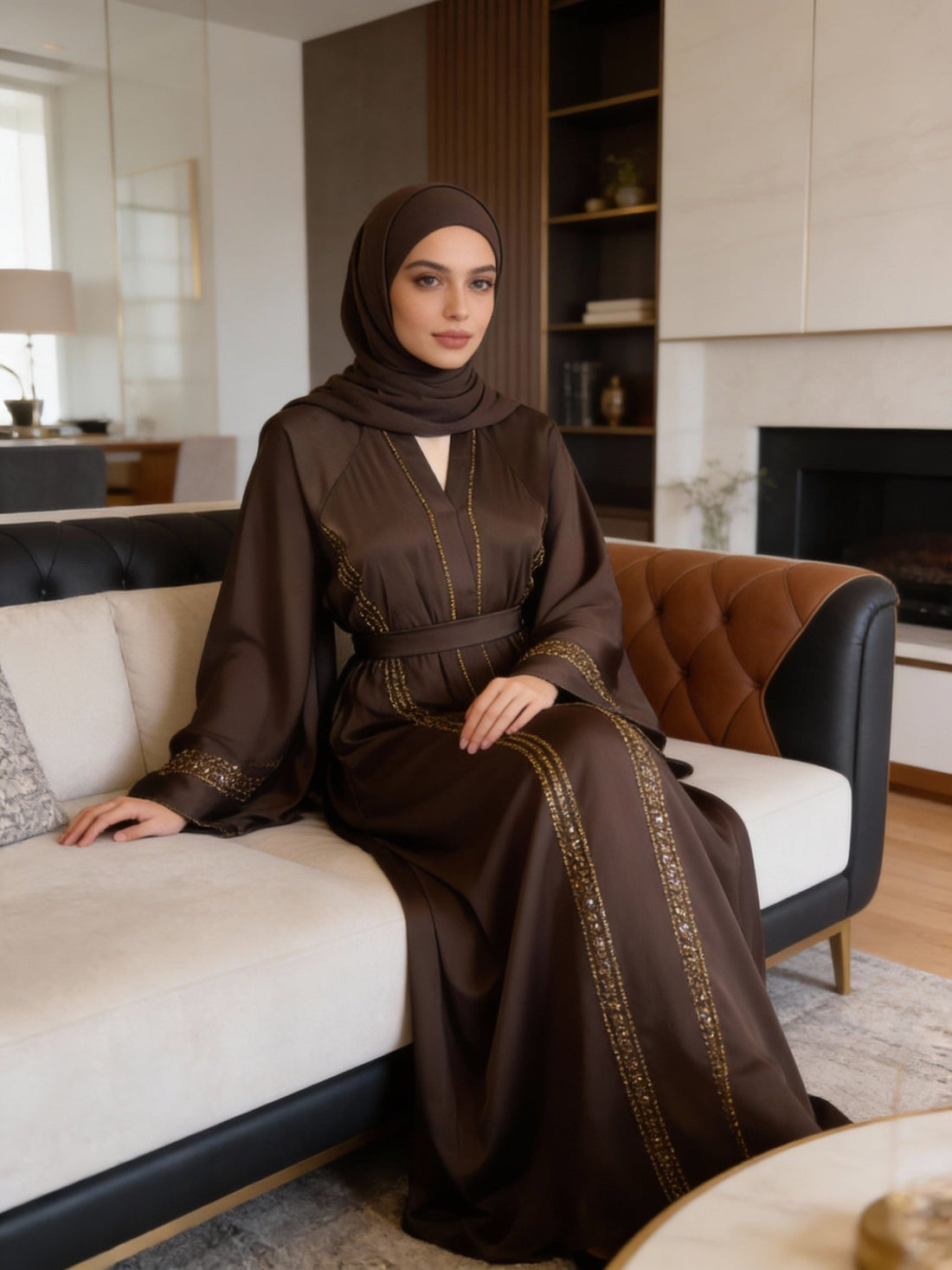 Elegante Abaya in Schokoladenbraun mit feinen goldenen Akzenten - Abaya Couture