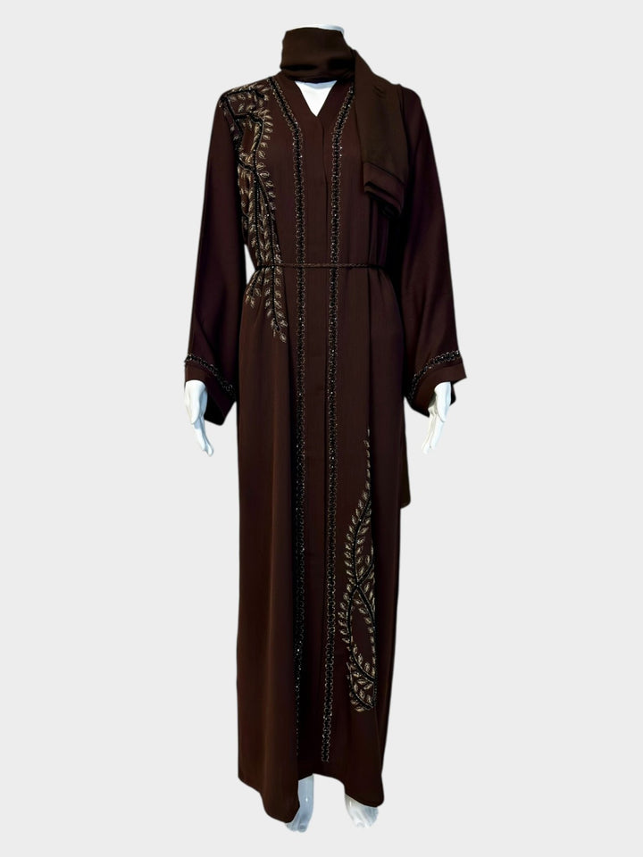 Elegante Abaya in Schokoladenbraun mit filigraner Stickerei - Abaya Couture