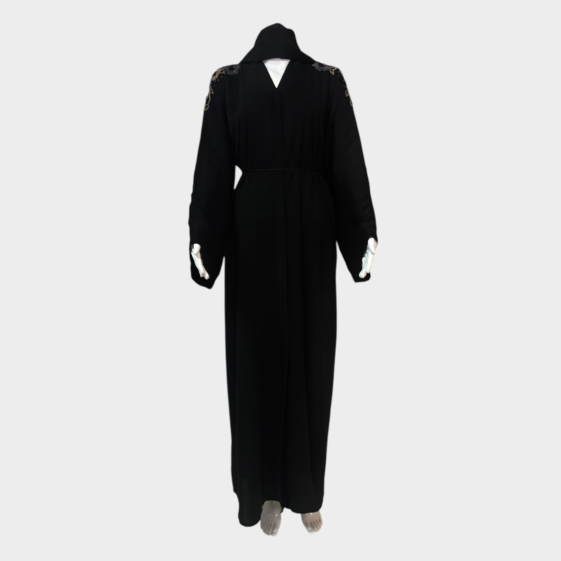 Elegante Abaya in Schwarz mit kunstvoller floralem Stickerei - Abaya Couture