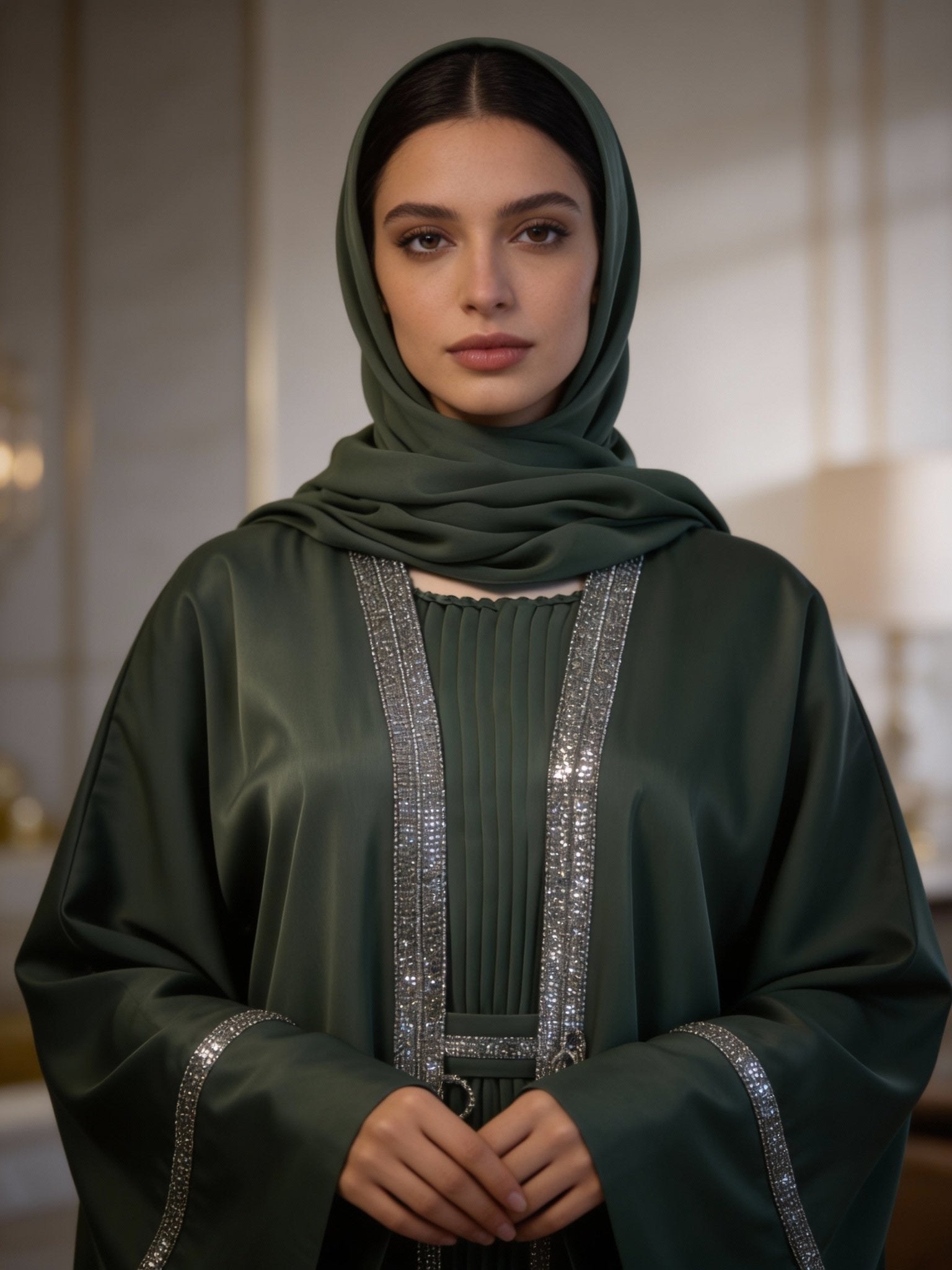 Elegante Abaya in tiefem Grün mit glitzernden Akzenten - Abaya Couture