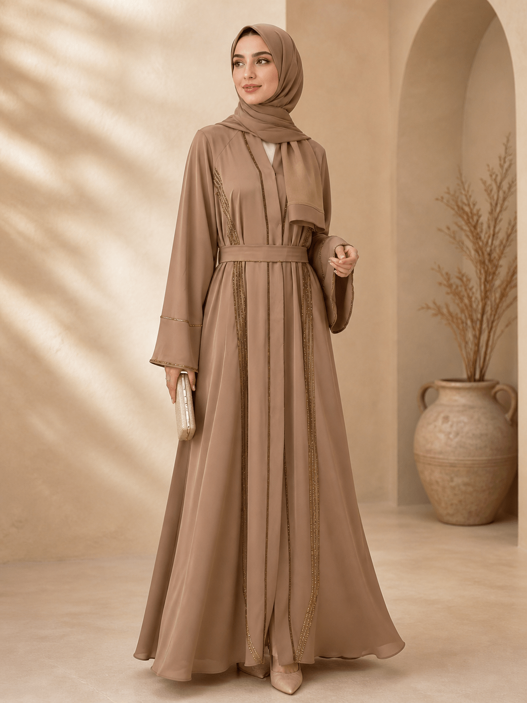 Elegante Beige Abaya aus Dubai mit feinen Details - Abaya Couture