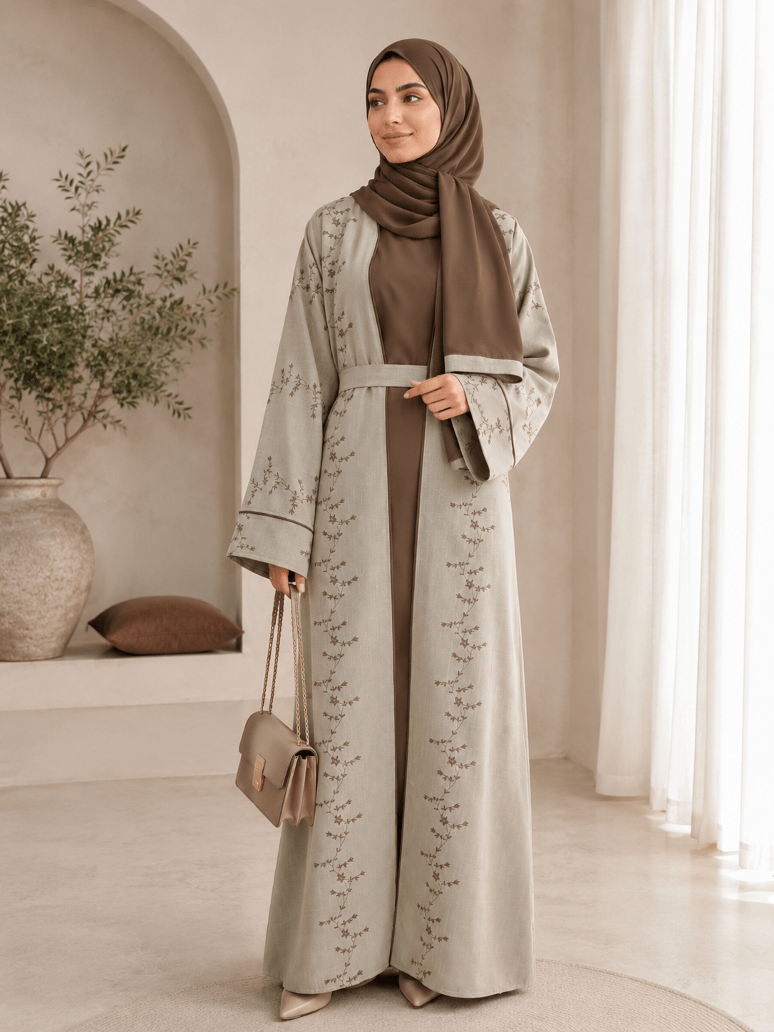 Elegante Bestickte Abaya in Sandbeige & Mokka - Abaya Couture