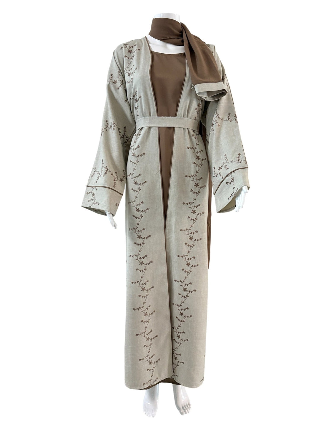 Elegante Bestickte Abaya in Sandbeige & Mokka - Abaya Couture