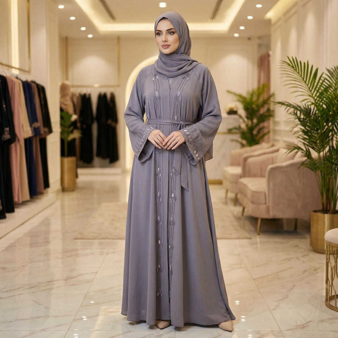Elegante graue Abaya mit filigranen Details - Abaya Couture
