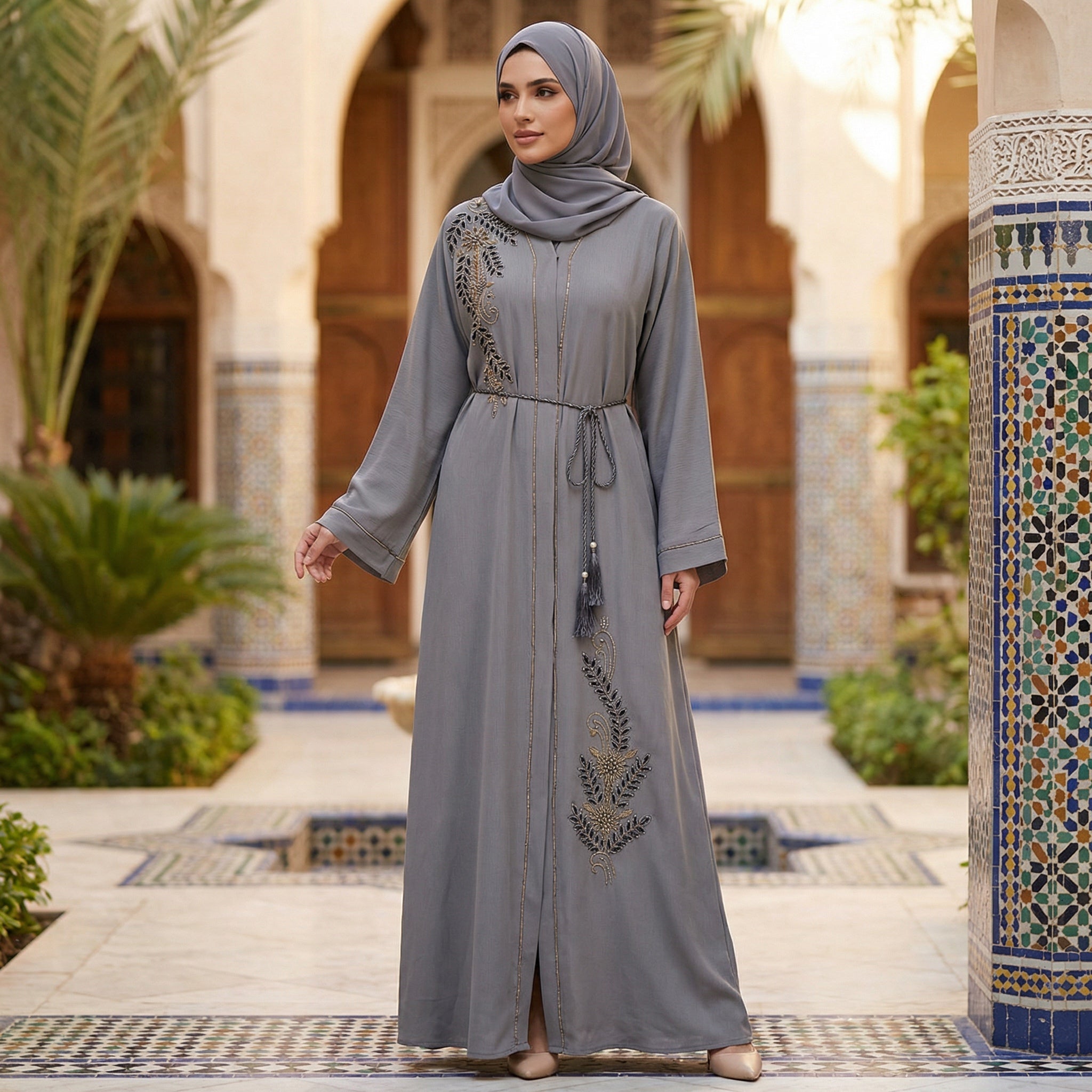 Elegante graue Abaya mit kunstvoller Stickerei und feinem Gürtel - Abaya Couture