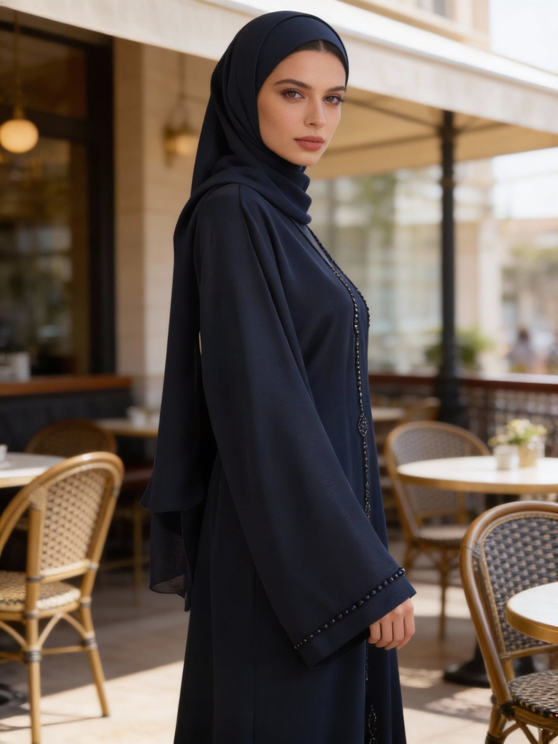 Elegante Marine - Abaya mit Perlenapplikationen - Abaya Couture