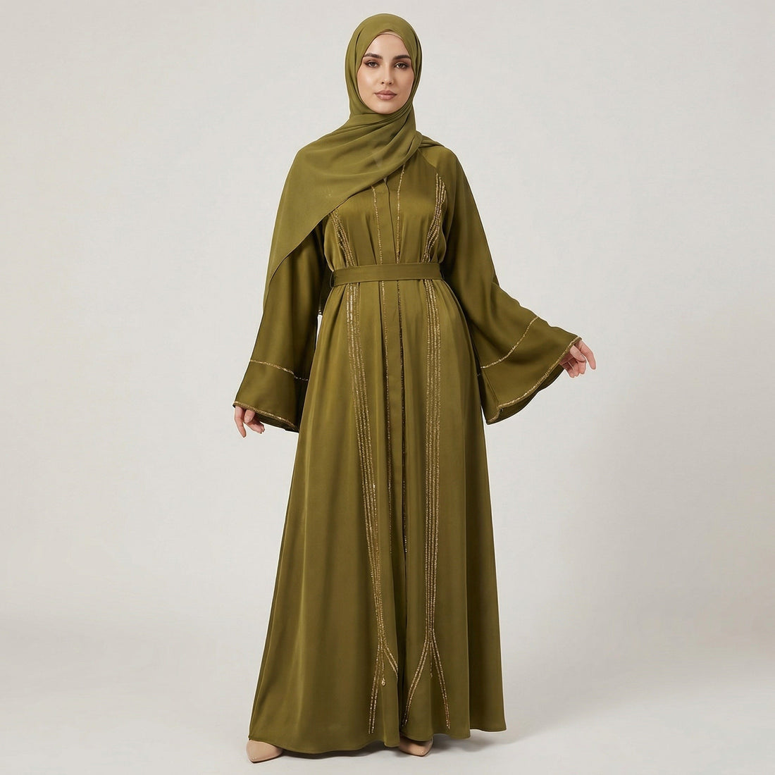 Elegante Olivgrüne Abaya mit Glitzerakzenten und Passendem Schal - Abaya Couture