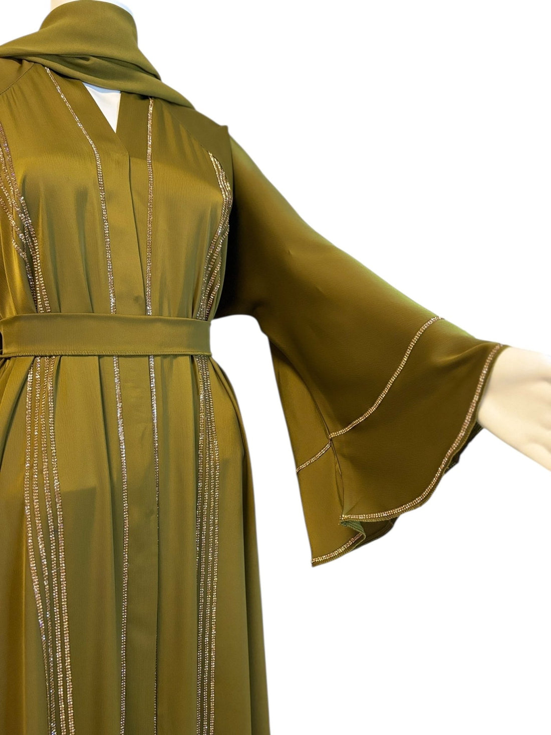 Elegante Olivgrüne Abaya mit Glitzerakzenten und Passendem Schal - Abaya Couture