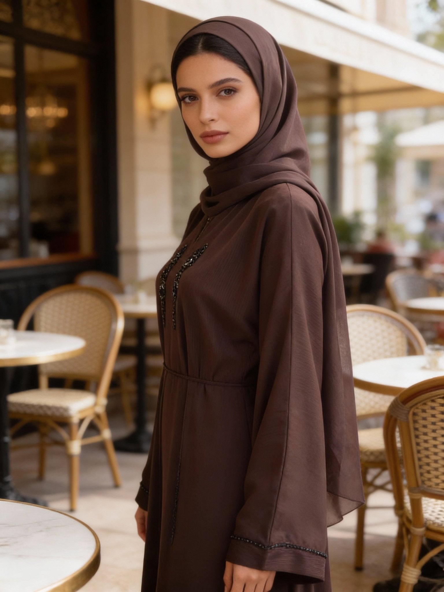 Elegante Schokoladen - Abaya mit Perlenapplikationen - Abaya Couture