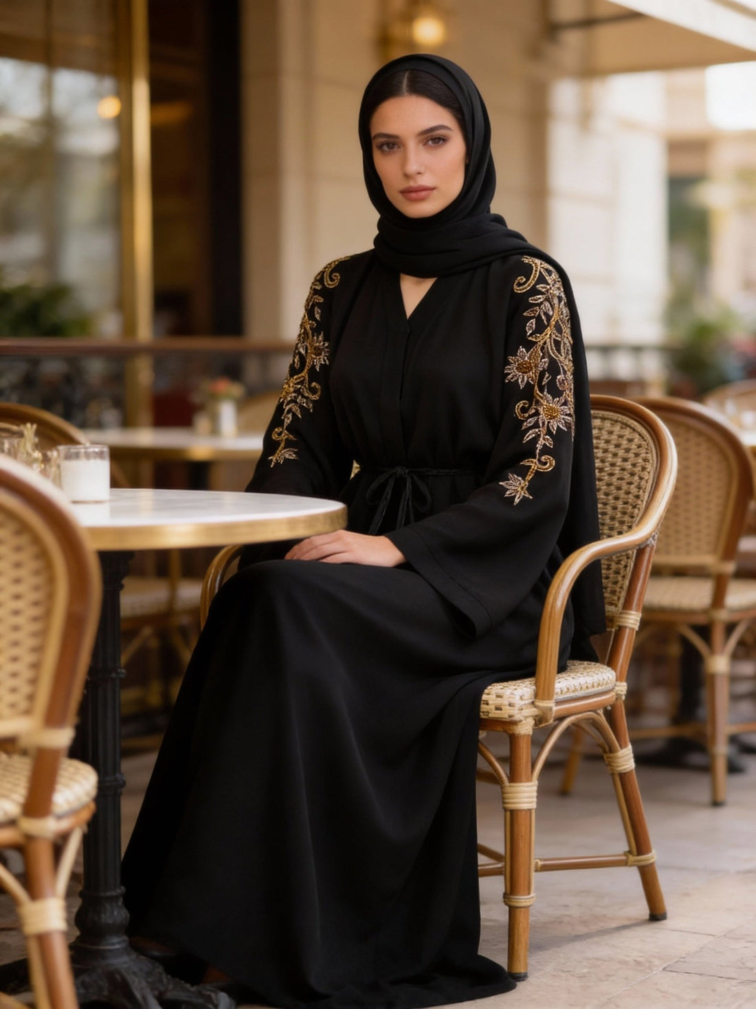 Elegante schwarze Abaya mit goldener Stickerei - Abaya Couture