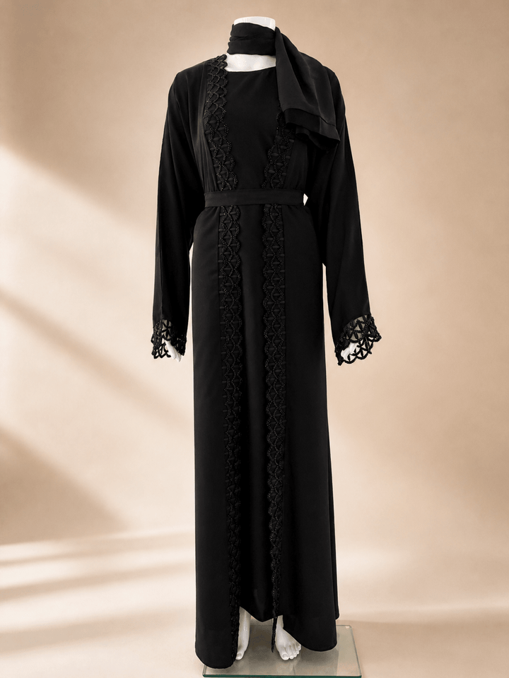 Elegante Zweiteilige Schwarze Abaya mit Hijab und Gürtel - Abaya Couture