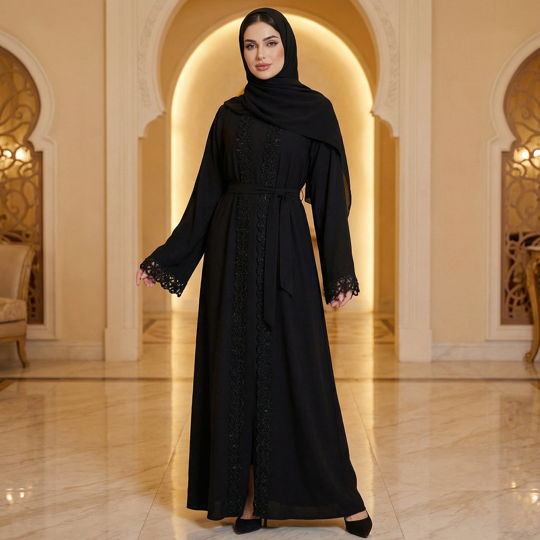Elegante Zweiteilige Schwarze Abaya mit Hijab und Gürtel - Abaya Couture