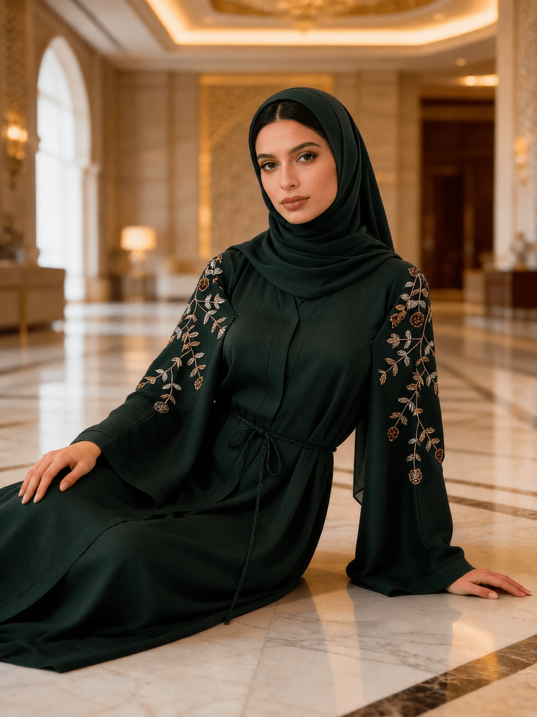 Exquisite grüne Abaya mit floralen Goldstickereien - Abaya Couture