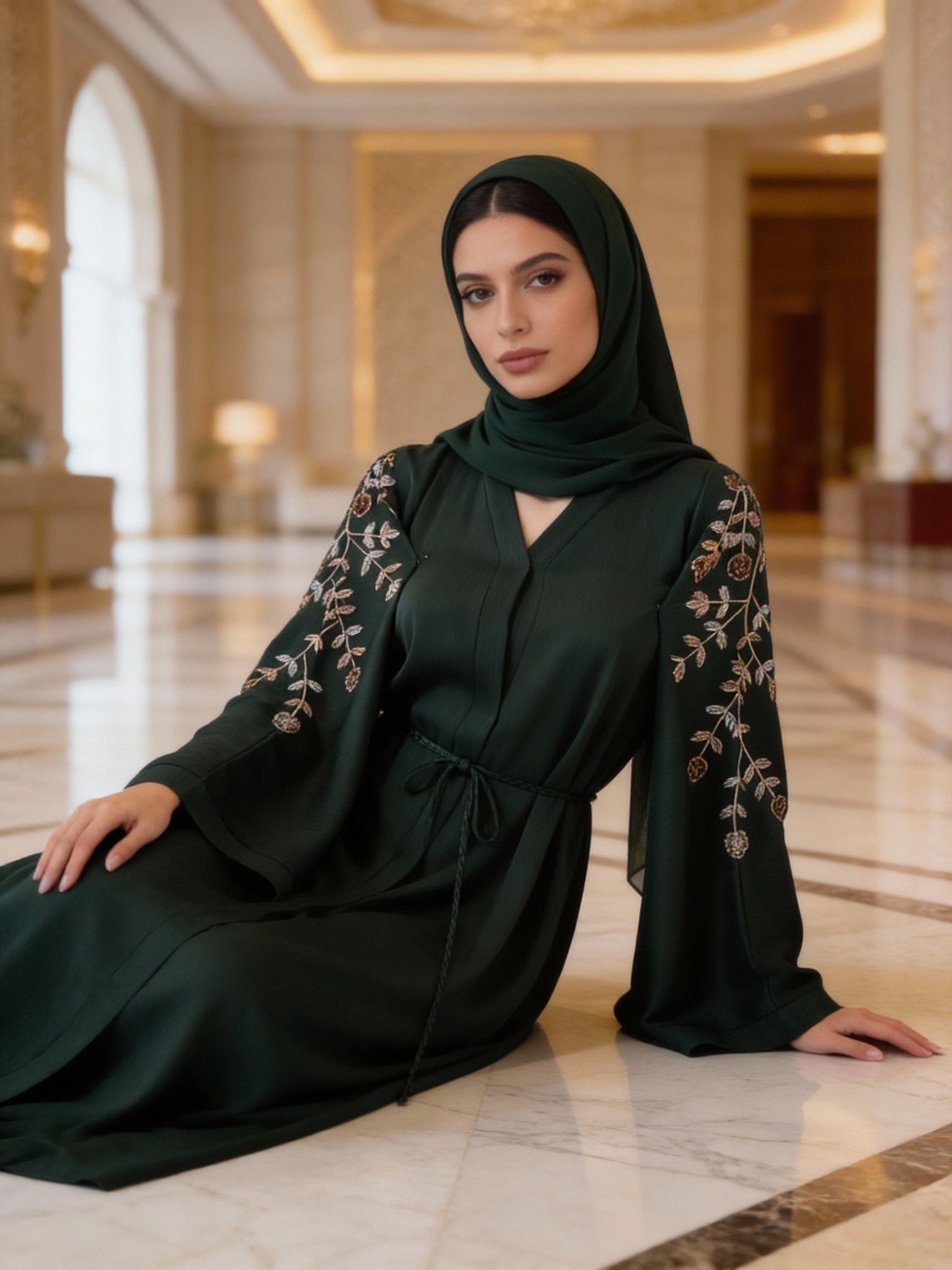Exquisite grüne Abaya mit floralen Goldstickereien - Abaya Couture