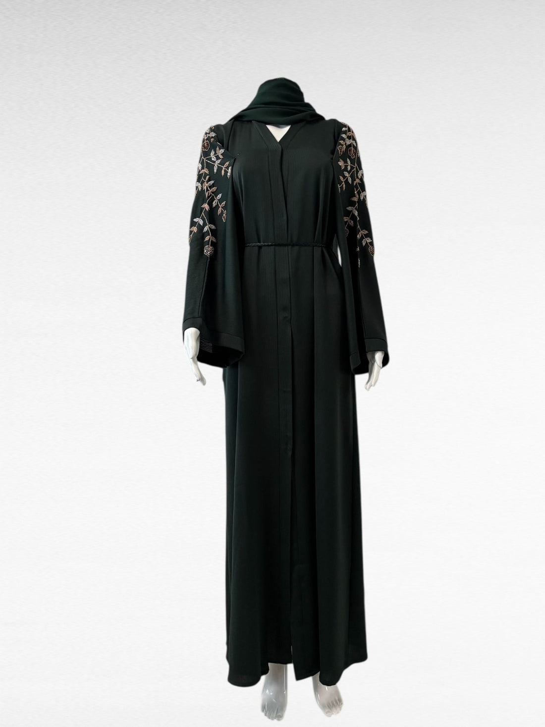 Exquisite grüne Abaya mit floralen Goldstickereien - Abaya Couture
