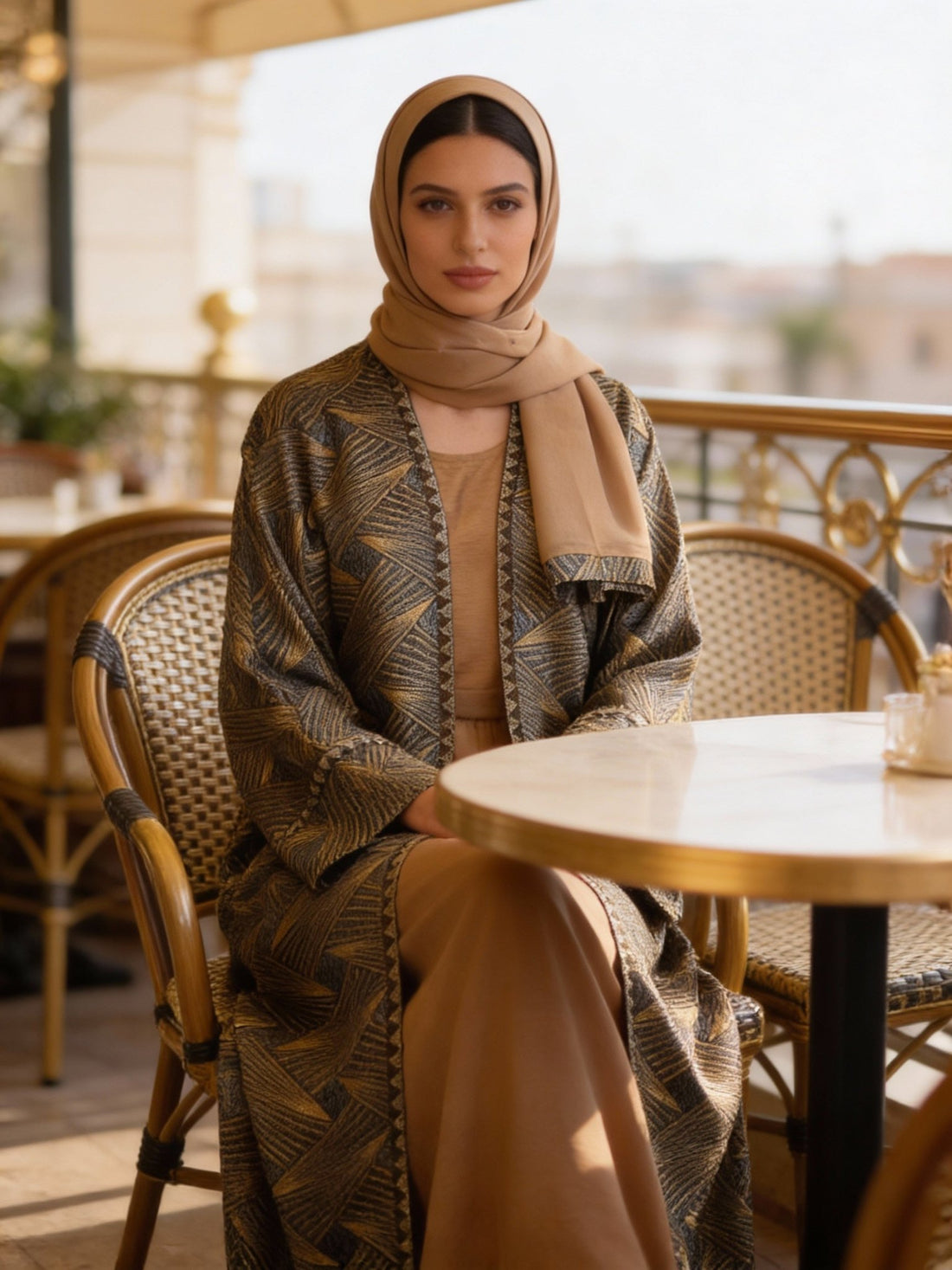 Gemusterte Abaya in Blau - Beige mit dezentem Glanz - Abaya Couture