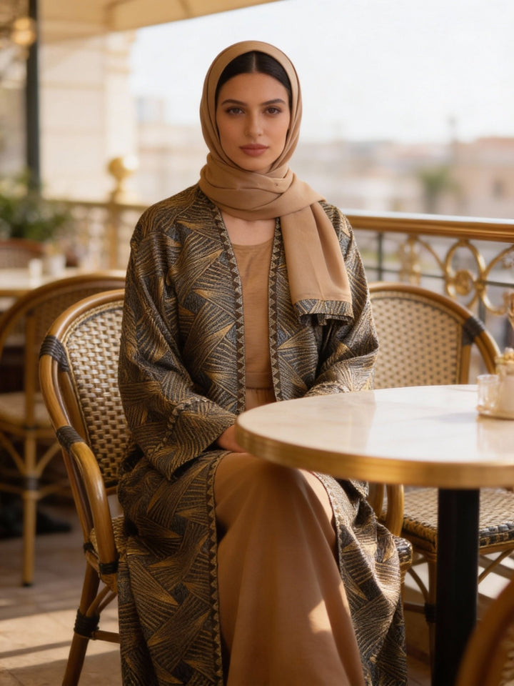 Gemusterte Abaya in Blau - Beige mit dezentem Glanz - Abaya Couture