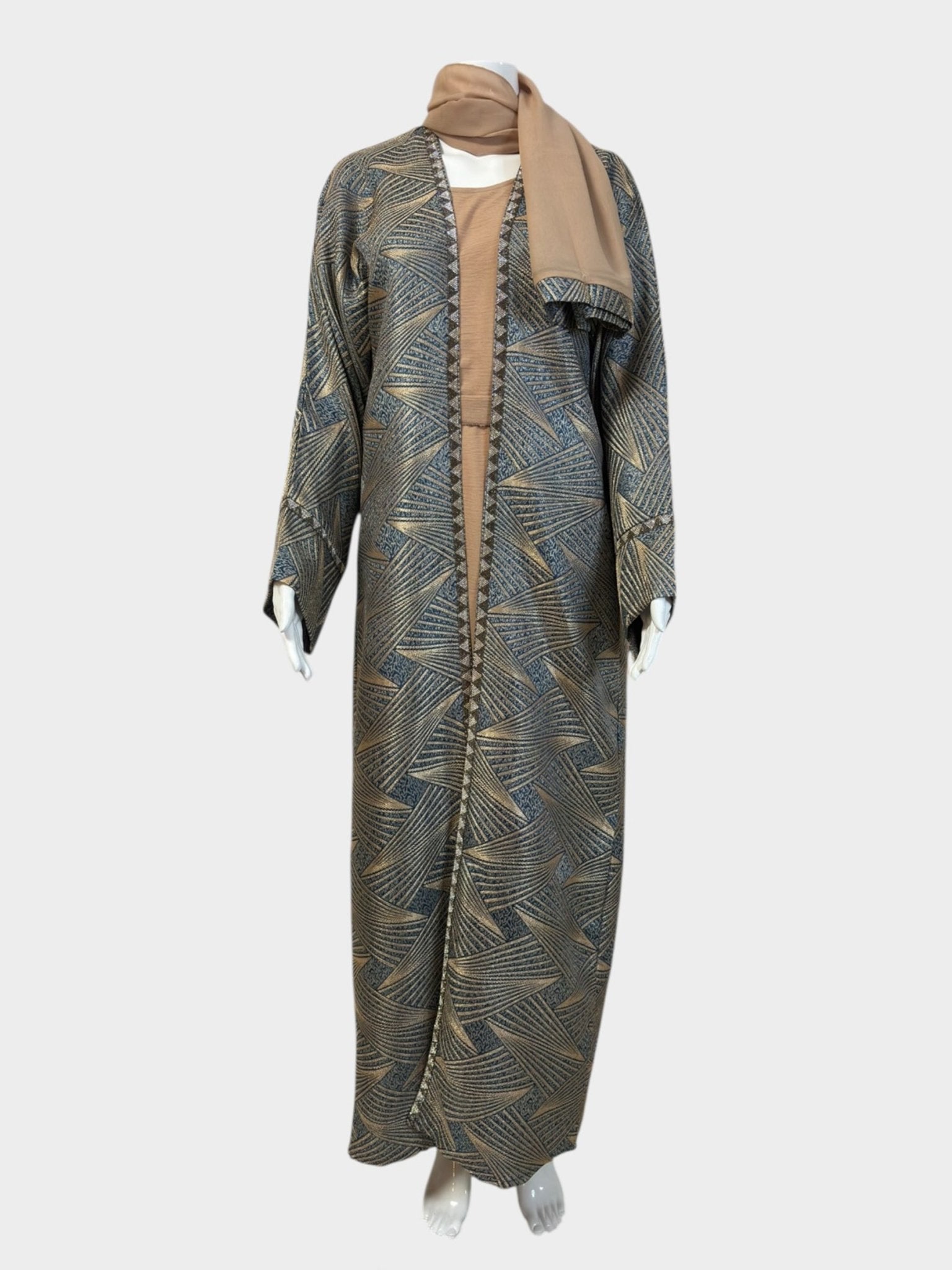 Gemusterte Abaya in Blau - Beige mit dezentem Glanz - Abaya Couture