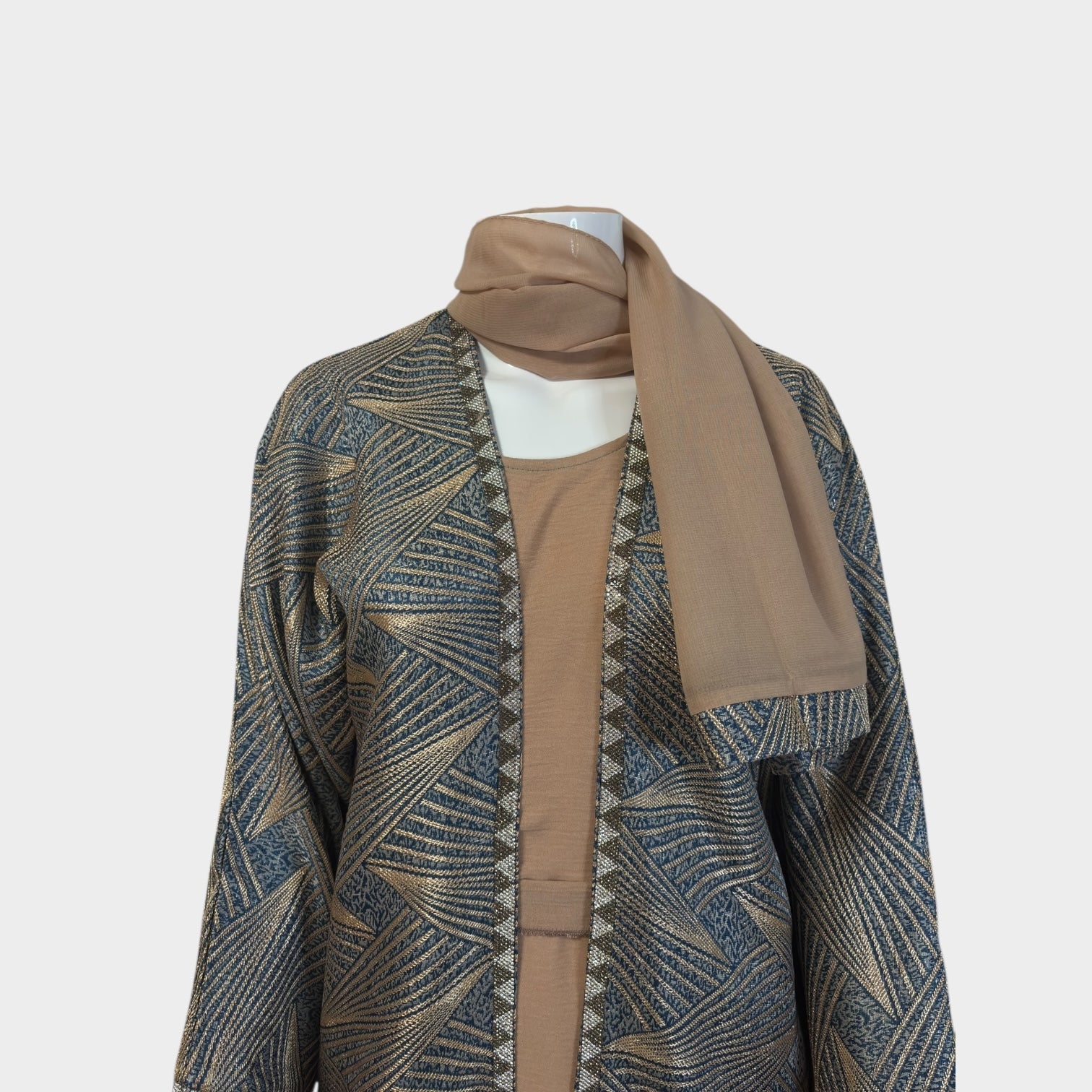 Gemusterte Abaya in Blau - Beige mit dezentem Glanz - Abaya Couture