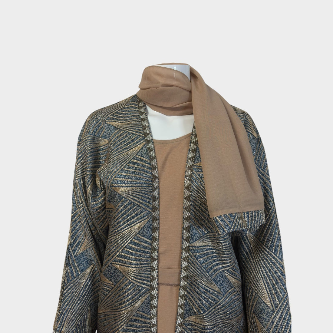 Gemusterte Abaya in Blau - Beige mit dezentem Glanz - Abaya Couture