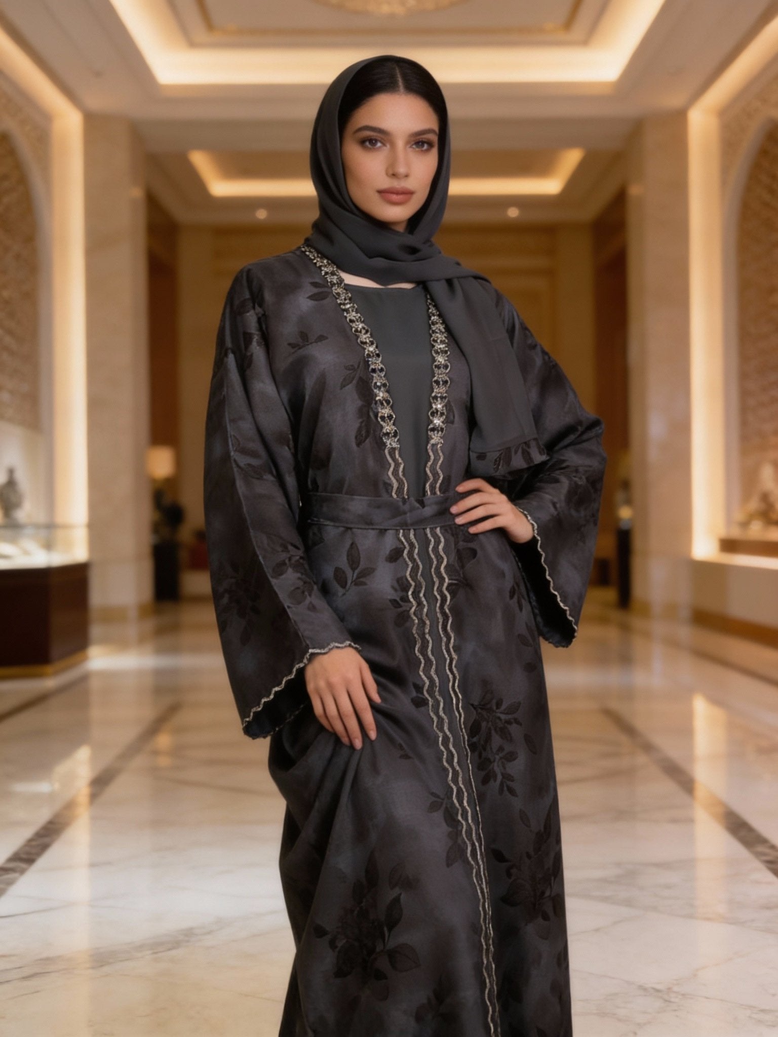 Luxuriöse Grau - Schwarze Abaya mit Blütenmuster - Abaya Couture