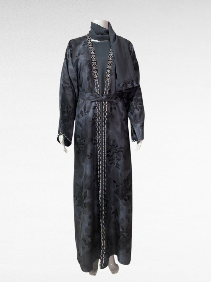 Luxuriöse Grau - Schwarze Abaya mit Blütenmuster - Abaya Couture