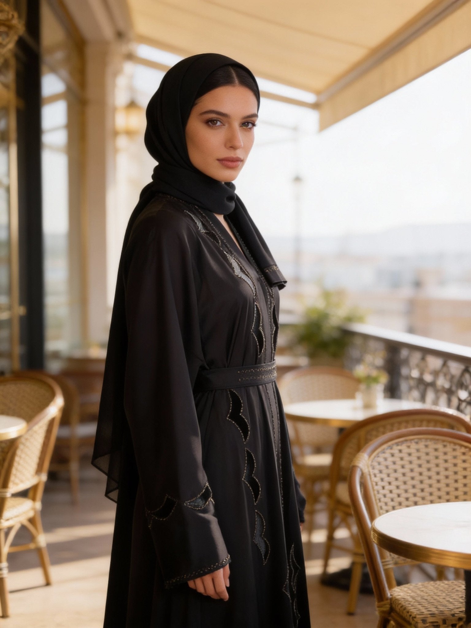 Luxus - Anthrazit Abaya mit ornamentalen Cut - Out - Details - Abaya Couture