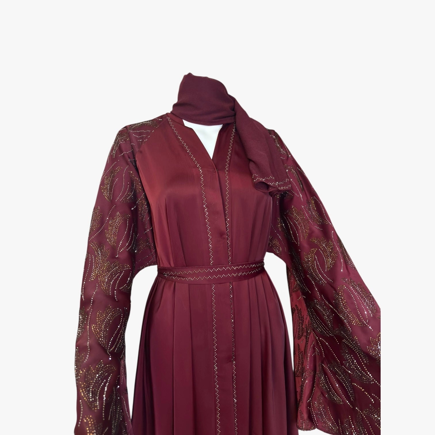 Luxus - Bordeaux Abaya mit goldenen Perlendetails - Abaya Couture