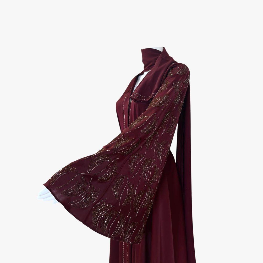 Luxus - Bordeaux Abaya mit goldenen Perlendetails - Abaya Couture