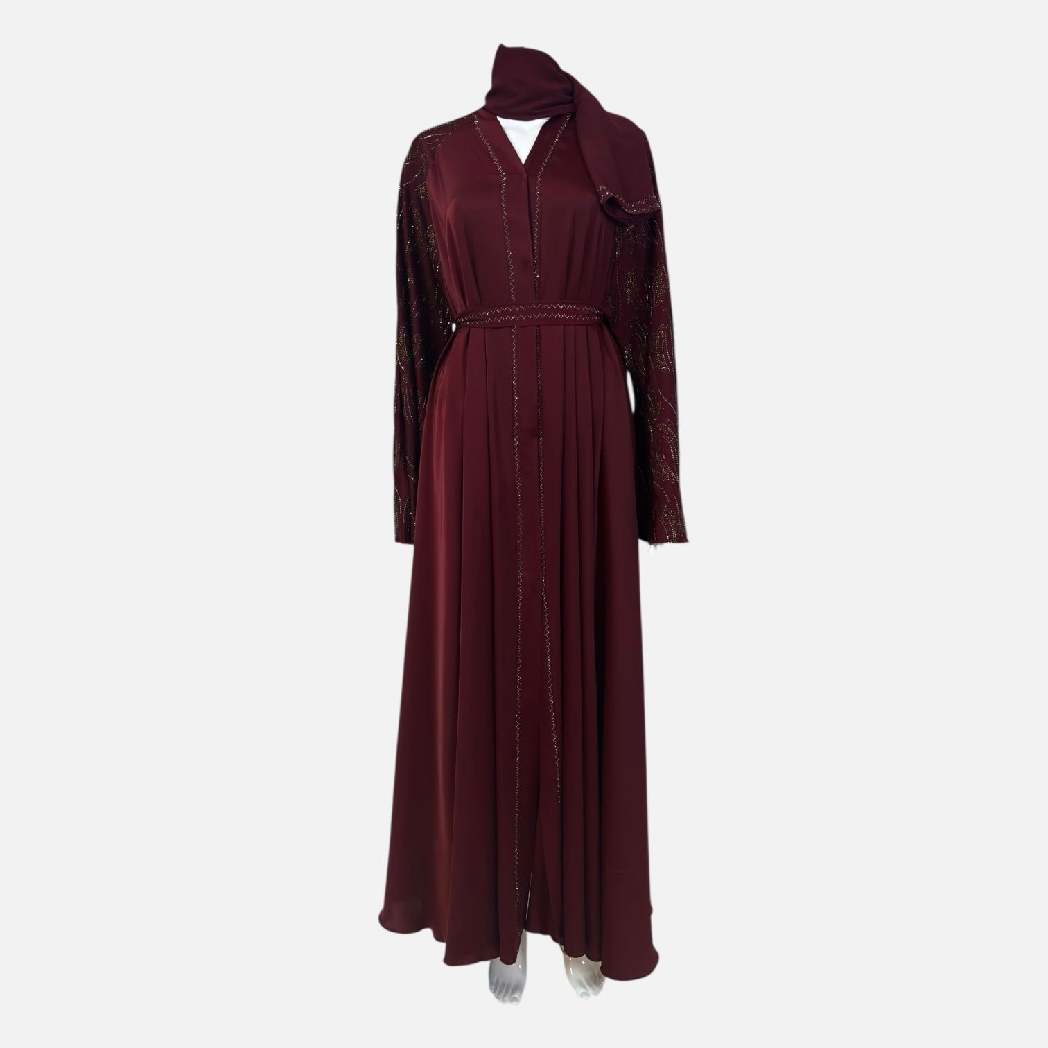 Luxus - Bordeaux Abaya mit goldenen Perlendetails - Abaya Couture