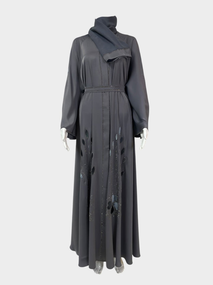 Luxus - Grau Abaya mit floralen Cut - Outs - Abaya Couture