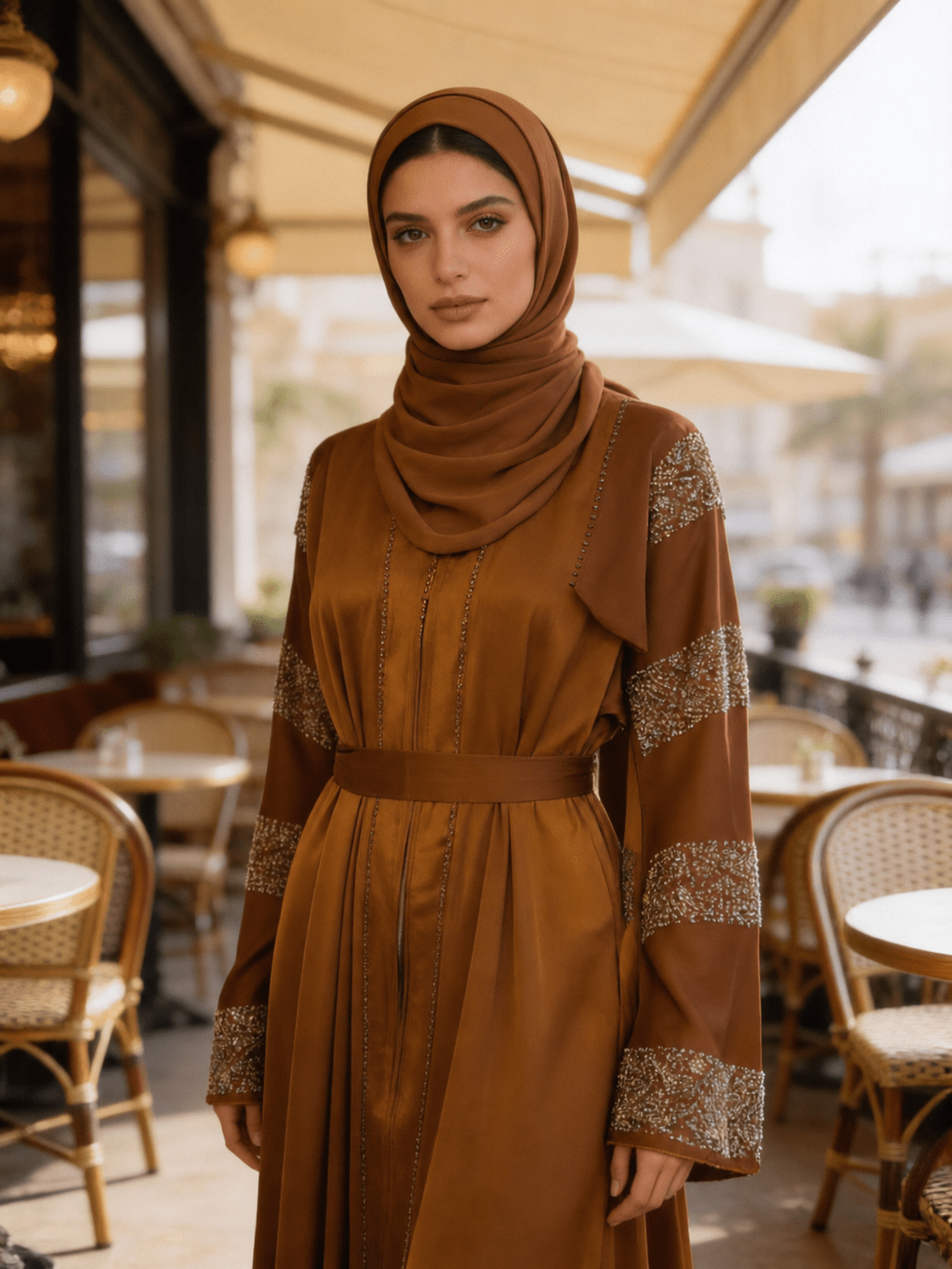 Luxus - Karamell Abaya mit gestreiften Perlenärmeln - Abaya Couture