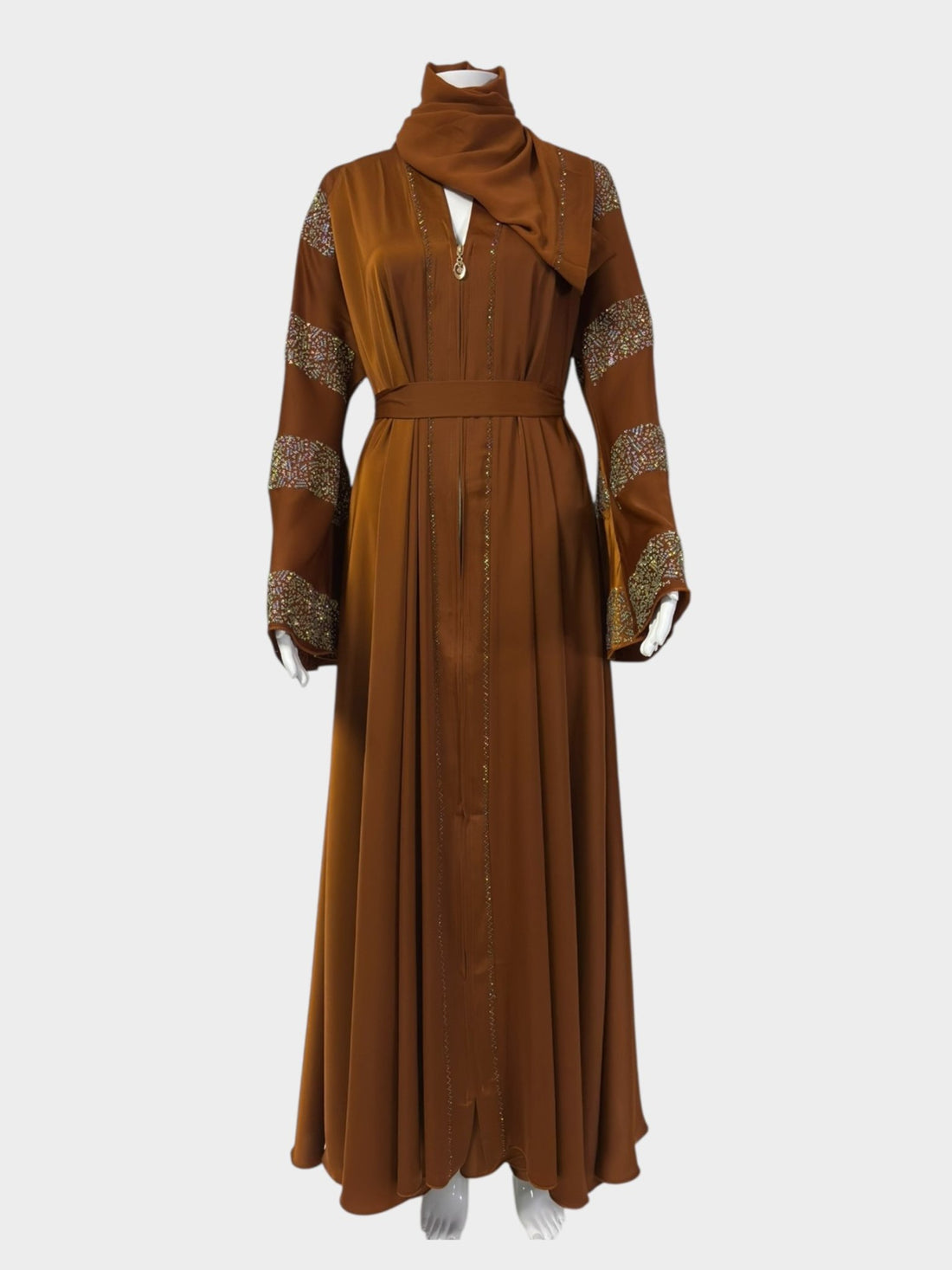 Luxus - Karamell Abaya mit gestreiften Perlenärmeln - Abaya Couture