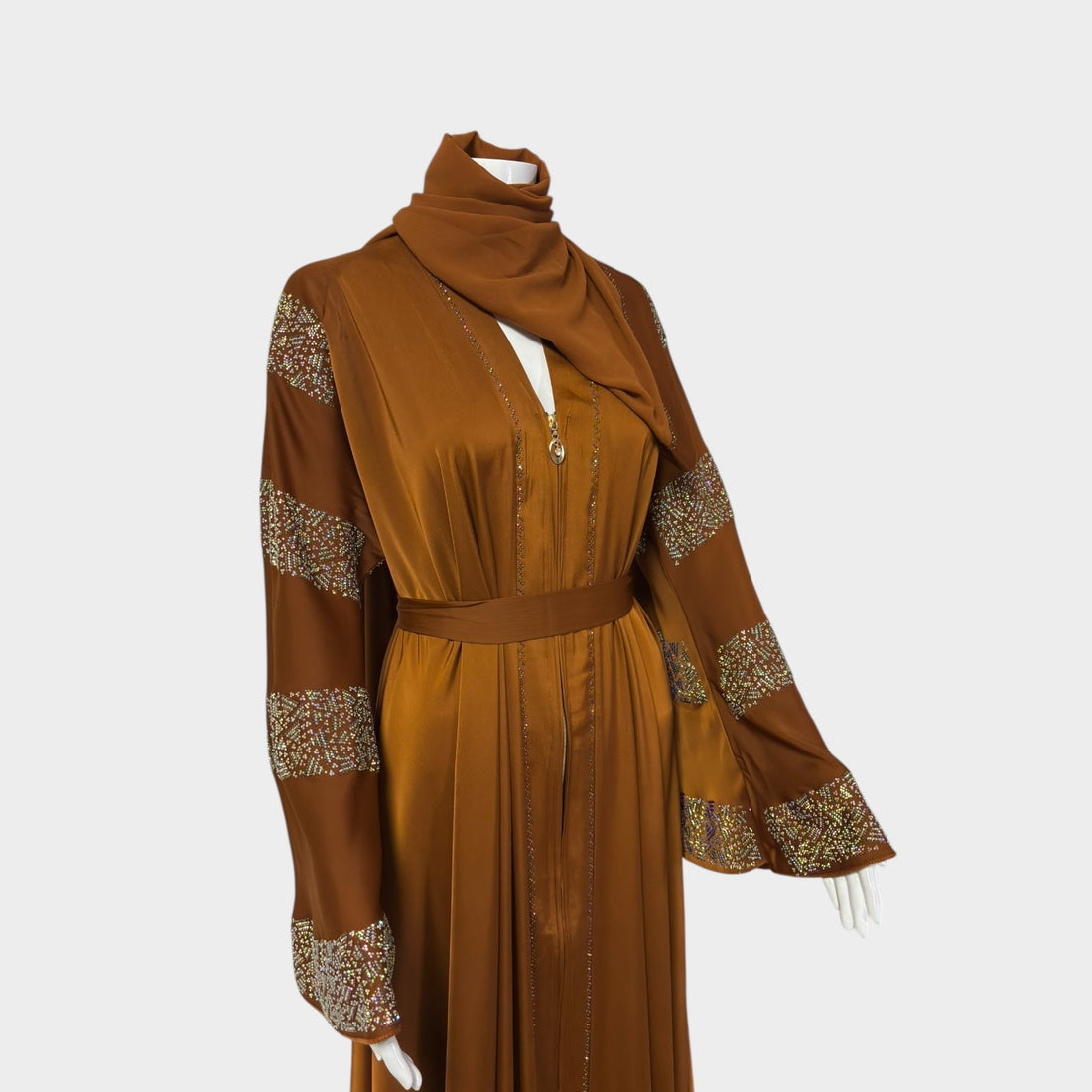 Luxus - Karamell Abaya mit gestreiften Perlenärmeln - Abaya Couture