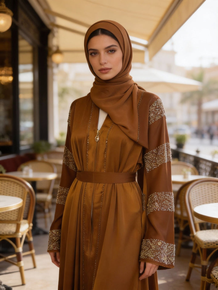 Luxus - Karamell Abaya mit gestreiften Perlenärmeln - Abaya Couture